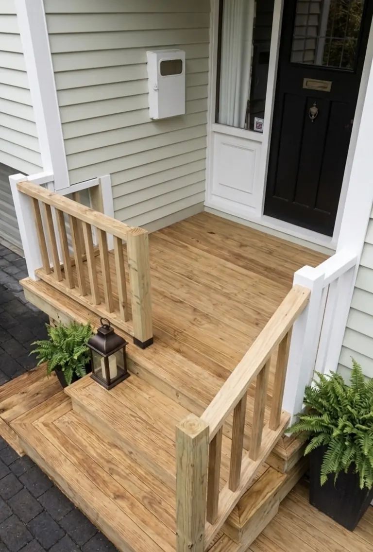 Timber entrance porch and balustrade beside a weatherboard exterior